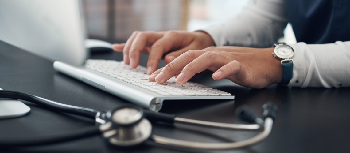 Internet,,Hand,And,Doctor,By,Desk,For,Typing,With,Check